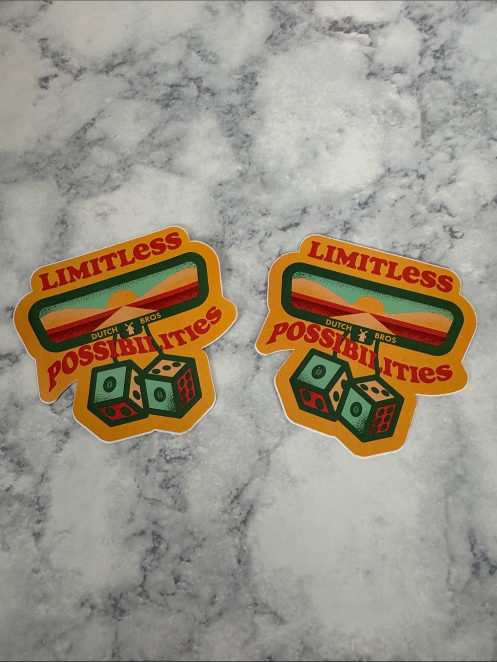 2 Dutch Bros Coffee Sticker Decal Orange Green Red 'Limitless Possibilities'